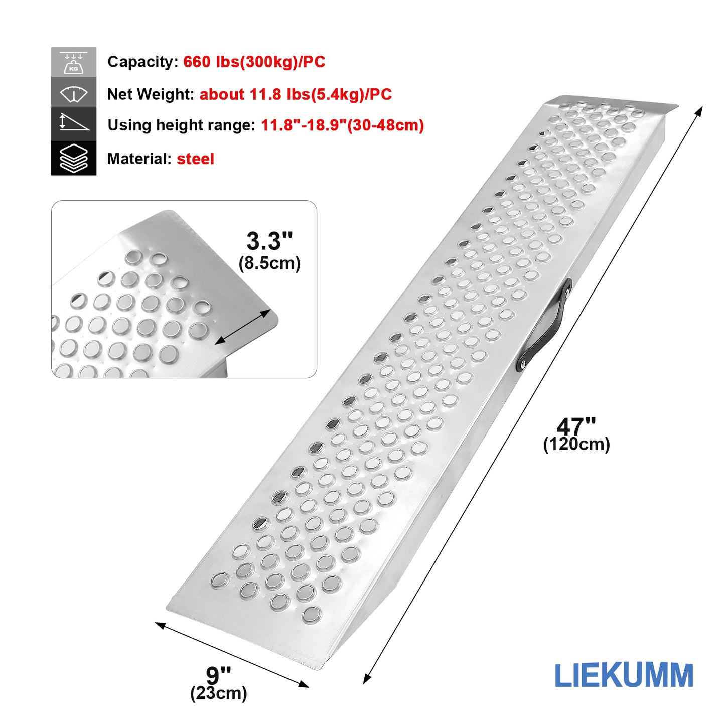 Ruedamann 47"L Steel Shed Ramp,Portable,Handle,Anti-Slip,650 lbs/PC,1 or 2 Pcs