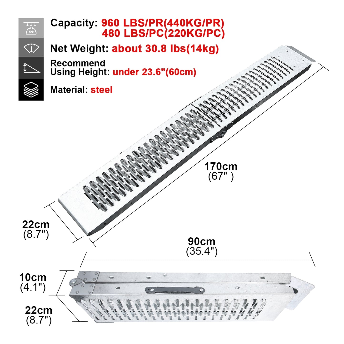 Ruedamann 67"L Folding Heavy Duty Steel Ramp,Portable,8.7"Wide,480lbs/PC