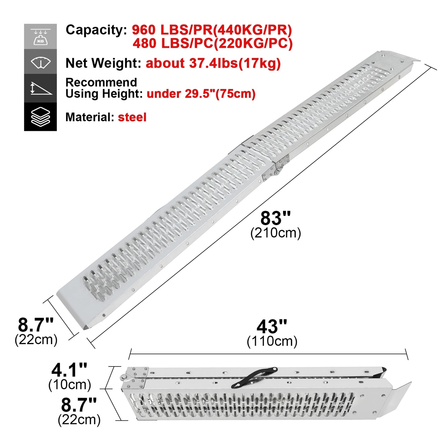 Ruedamann 83"L x 8.7"W Folding Steel Bike Ramp,480lbs/PC, Motorcycle