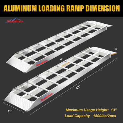 Ruedamann 43'' Aluminum Loading Ramp, 1500 lbs Capacity Loading Ramps for Riding Mower, Portable Anti-Slip Shed Ramps for Lawn Mower, Dirt Bike, ATV, Motorcycle, Trailer, Lightweight, 2PCS