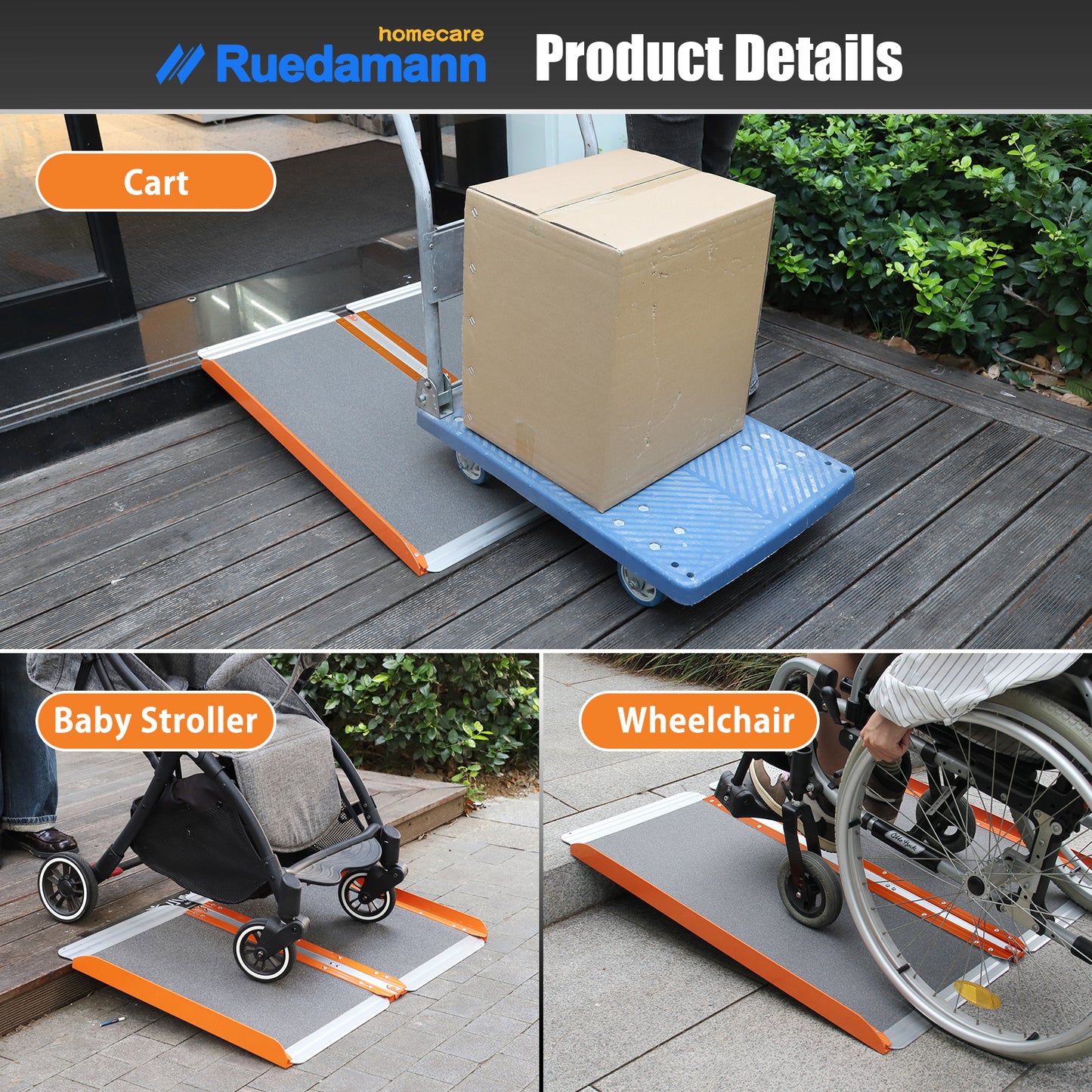 Ruedamann 30.1"W Folding Wheelchair Ramp, Non-Slip,Aluminum,Portable, 600 lbs